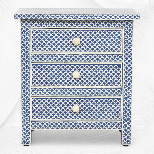 Fishscale Bone Inlay 3 Drawer Bedside Blue