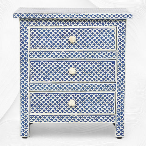 Fishscale Bone Inlay 3 Drawer Bedside Blue