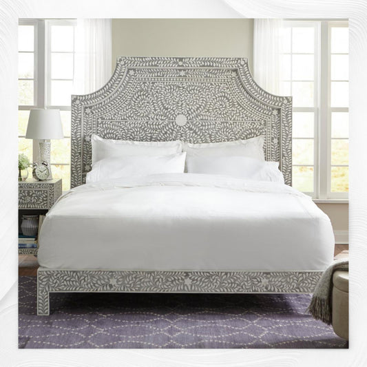 Floral Bone Inlay Bed Grey