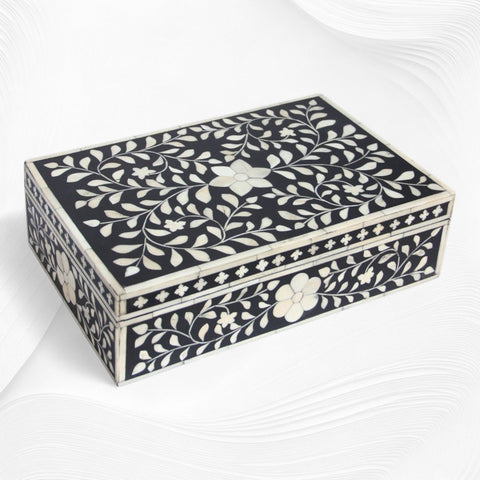 Floral Bone Inlay Box Black