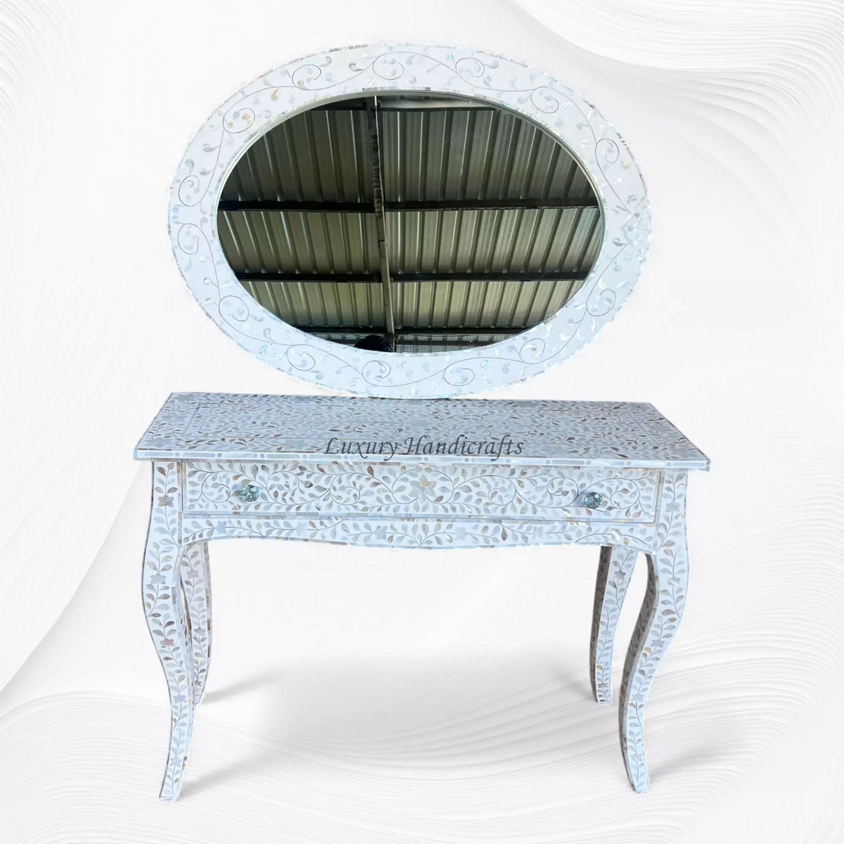 Floral MOP Inlay Oval Mirror White