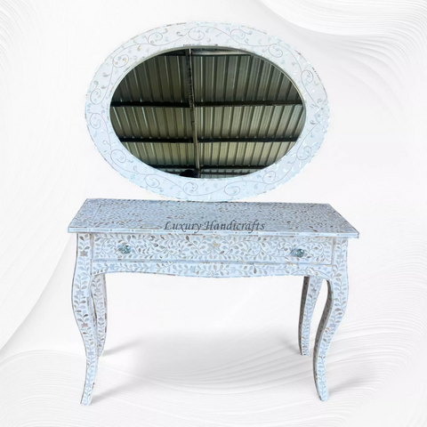 Floral MOP Inlay Oval Mirror White