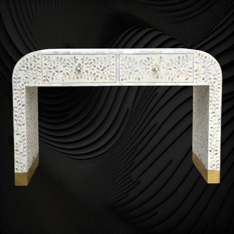 Floral MOP Inlay Waterfall 2 Drawers Console White