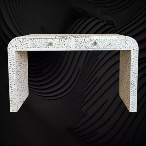 Floral MOP Inlay Waterfall 2 Drawers Console White