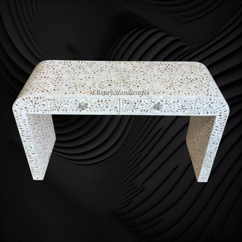 Floral MOP Inlay Waterfall 2 Drawers Console White