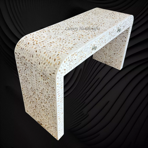 Floral MOP Inlay Waterfall 2 Drawers Console White