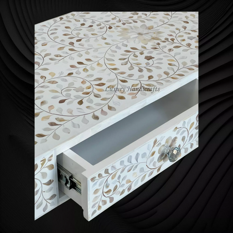 Floral MOP Inlay Waterfall 2 Drawers Console White