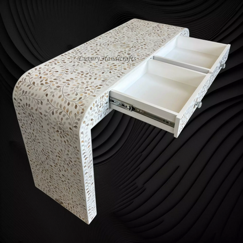 Floral MOP Inlay Waterfall 2 Drawers Console White