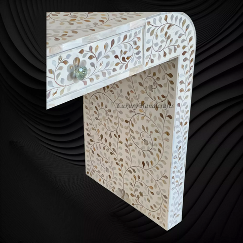 Floral MOP Inlay Waterfall 2 Drawers Console White