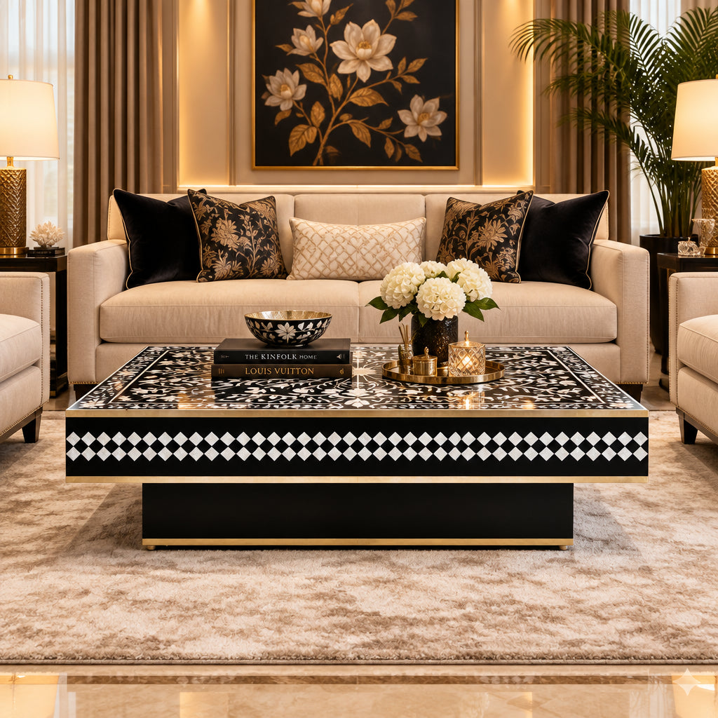 Floral Vines MOP Inlay Coffee Table Rectangle Black
