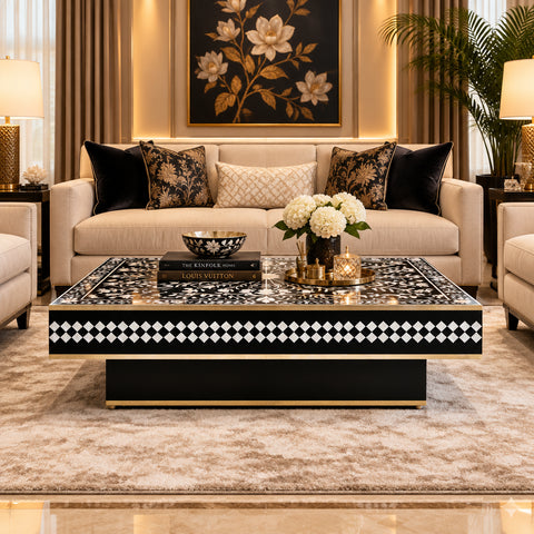 Floral Vines MOP Inlay Coffee Table Rectangle Black