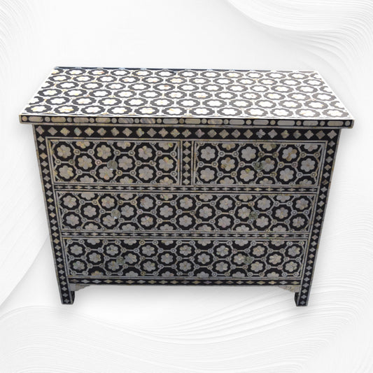 Flower Mother Of Pearl Inlay 4 Drawer Chest Black