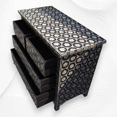 Flower Mother Of Pearl Inlay 4 Drawer Chest Black