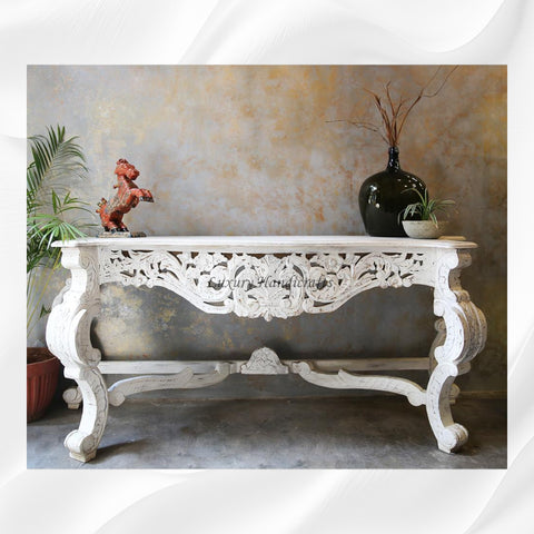 French Style Handcarved Wooden Console White Distress Finish
