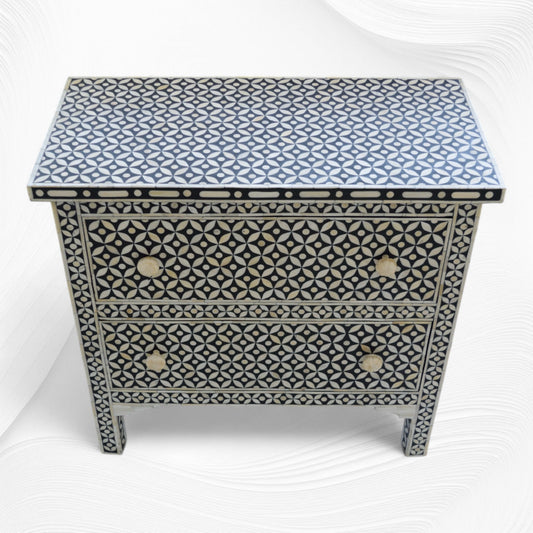 Geometric Bone Inlay 2 Drawer Bedside Large Black
