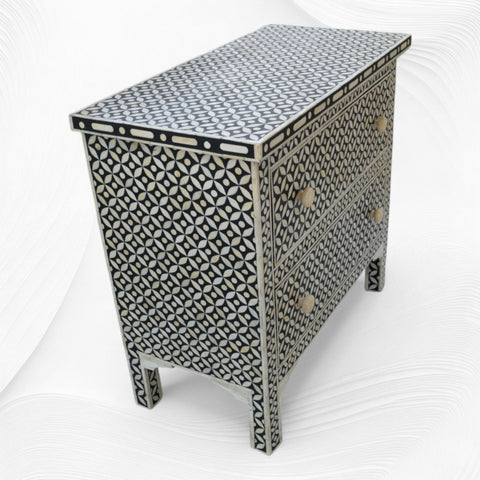 Geometric Bone Inlay 2 Drawer Bedside Large Black