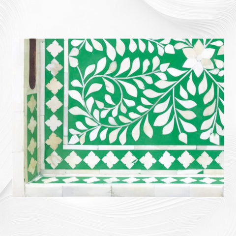 Green Bone Inlaid Rectangular Tray Floral Design | Bone Inlay Serving Tray