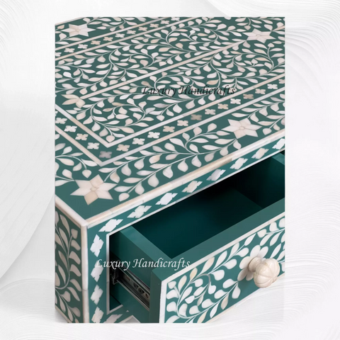 Green Bone Inlay Floral 3 Drawer Console