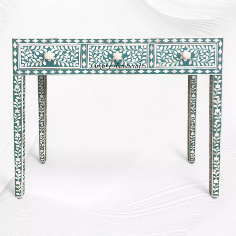 Green Bone Inlay Floral 3 Drawer Console