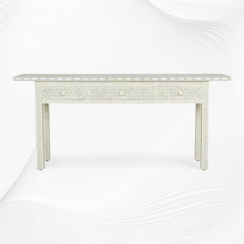 Grey Geometric Bone Inlay 3 Drawer Console Long Edges