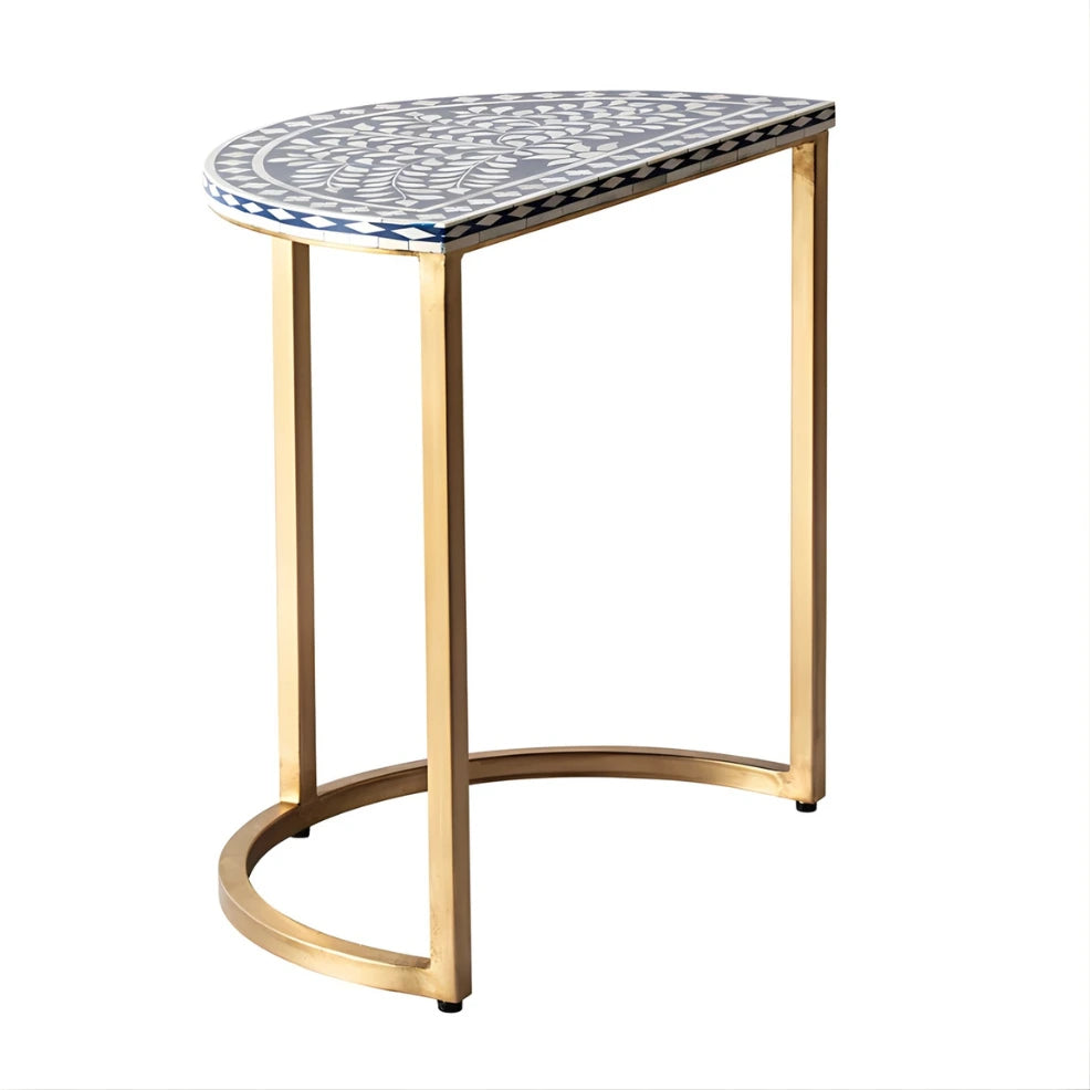 Luxury half moon side table with blue bone inlay top and brass base