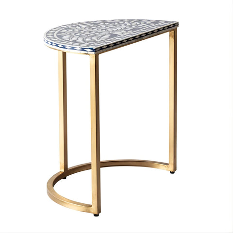 Luxury half moon side table with blue bone inlay top and brass base