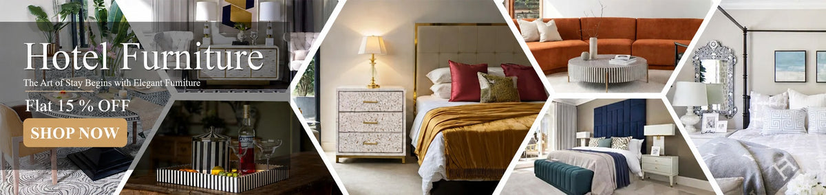 'Hotel Furniture' featuring multiple interior room scenes with beds, sofas, nightstands, lamps, and decor. Large text on the left reads 'Hotel Furniture' with 'Shop Now' below, and the right side shows several styled bedroom and living room interiors.