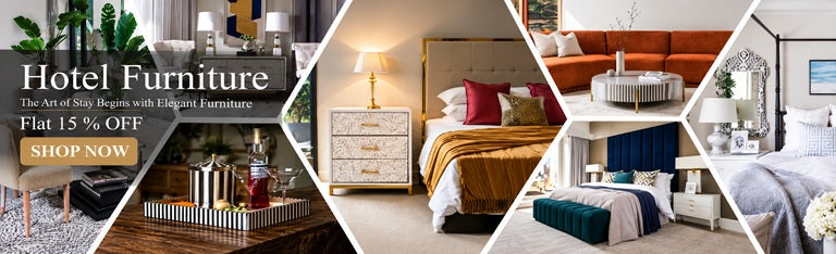 Hotel furniture featuring multiple interior room scenes: a bed with gold bedding, a nightstand, a sofa, a coffee table, and other styled furniture pieces. Large text on the left reads 'Hotel Furniture' with 'The finest designs with lightest furniture' and a 'Shop Now' call-to-action.