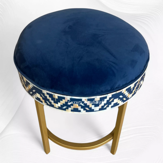 Ikat Mother of Pearl Inlay Round Stool Blue