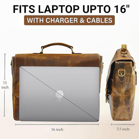 Jack 16" Leather Briefcase Laptop Messenger Bag Brown