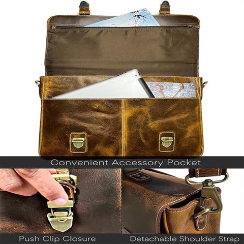 Jack 16" Leather Briefcase Laptop Messenger Bag Brown