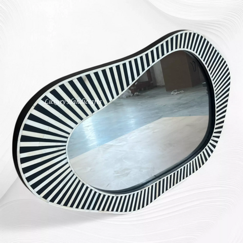 Large Abstract Bone Inlay Wall Mirror Black