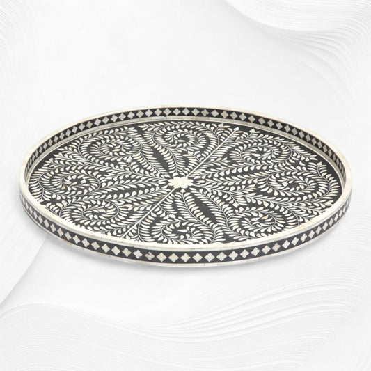 Large Round Bone Inlay Tray Floral Design Black