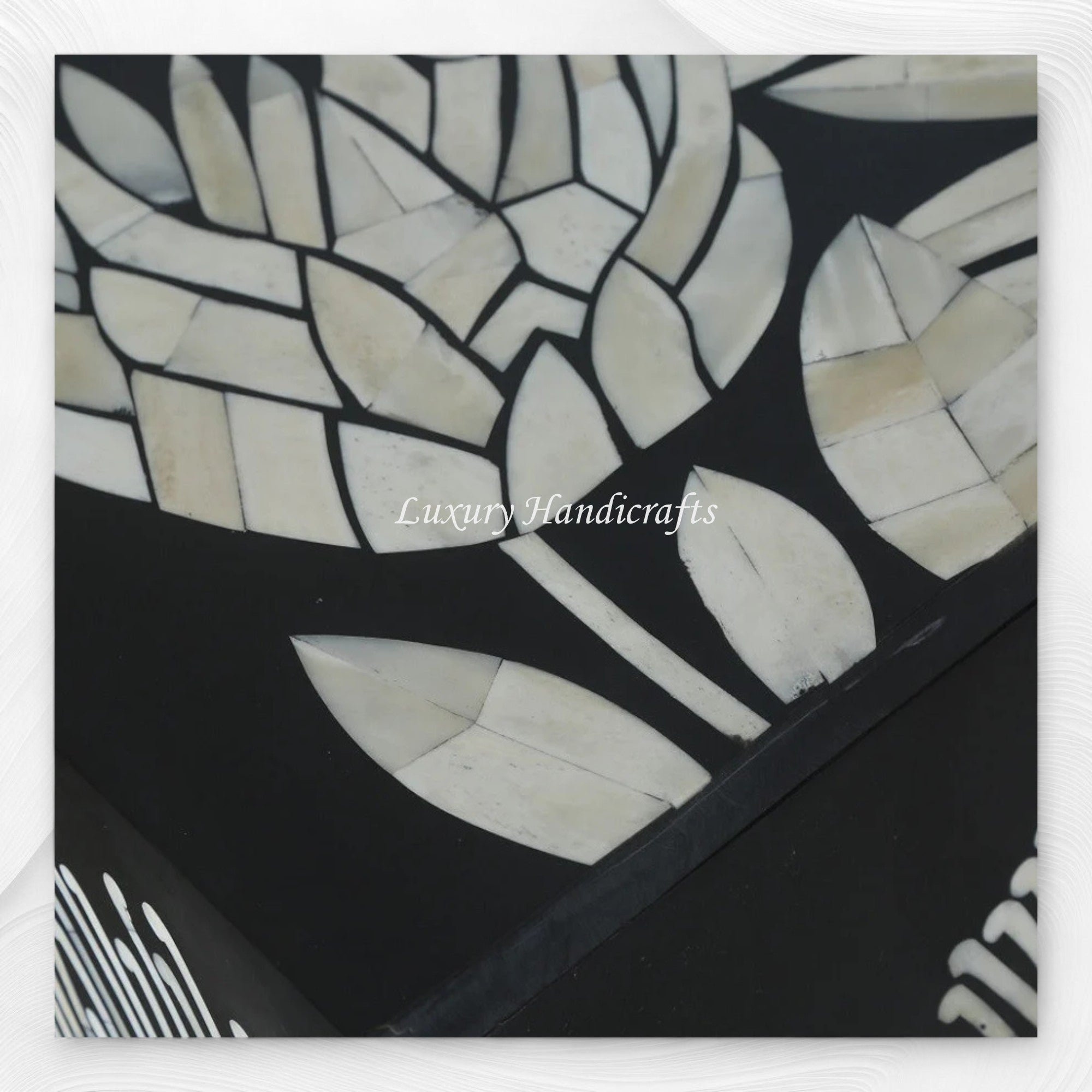 Luxury black bar cabinet with geometric bone inlay pattern