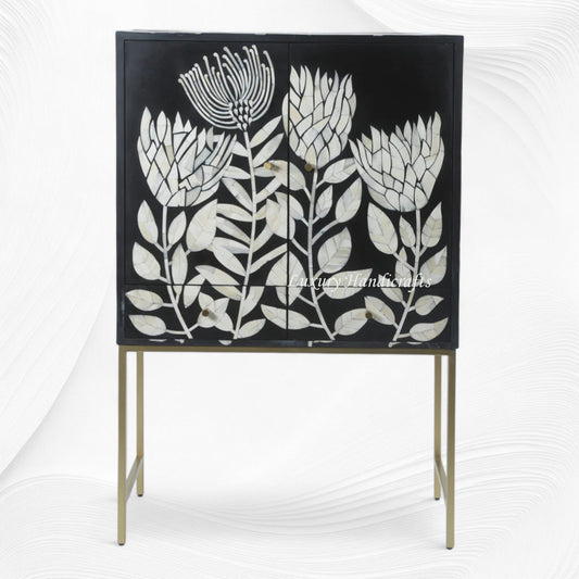 Handcrafted black bone inlay bar cabinet with storage shelves