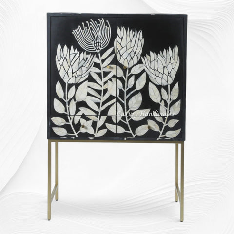 Handcrafted black bone inlay bar cabinet with storage shelves