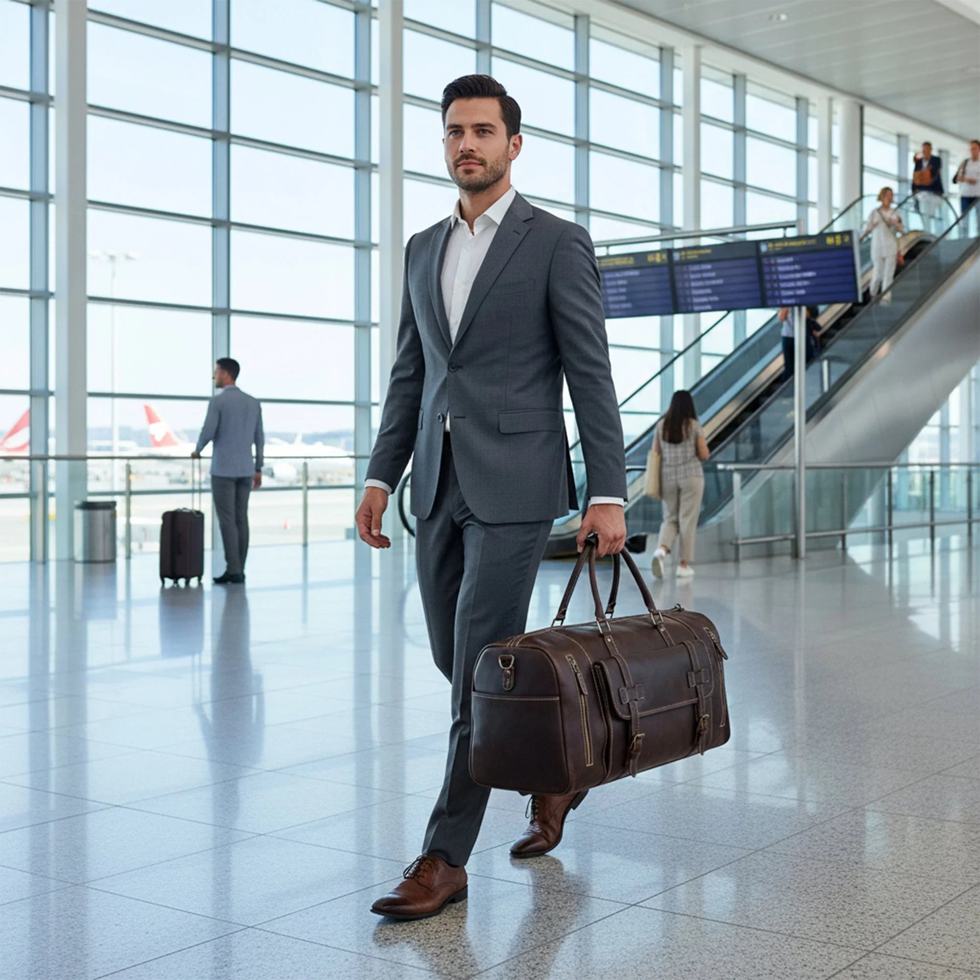 Man in a grey suit carrying the Miguel dark brown leather duffle bag through an airport terminal