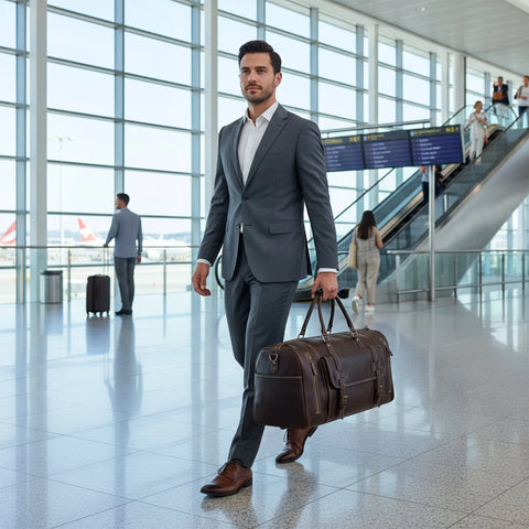 Man in a grey suit carrying the Miguel dark brown leather duffle bag through an airport terminal