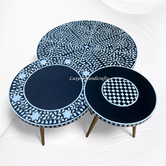 MOP Inlay Floral Nesting Table Set of 3 Black