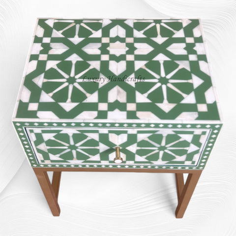 Moroccan Bone Inlay Bedside 1 Drawer Green
