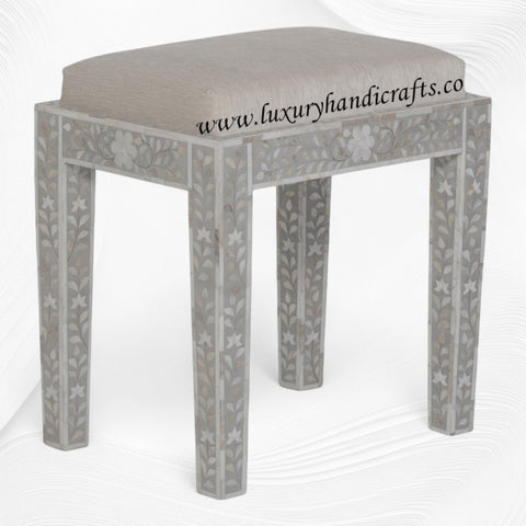 Mother Of Pearl Inlay Floral Stool Grey