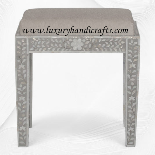 Mother Of Pearl Inlay Floral Stool Grey