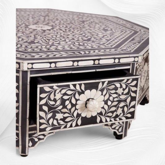 Octagonal Bone Inlay Floral Coffee Table Black With Drawer