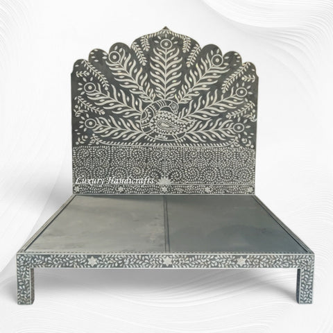 Peacock Mother of Pearl Inlay Bed Dark Grey