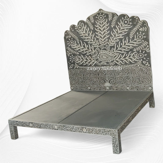 Peacock Mother of Pearl Inlay Bed Dark Grey