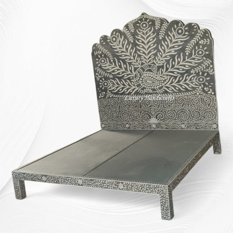 Peacock Mother of Pearl Inlay Bed Dark Grey