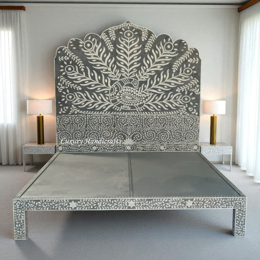 Peacock Mother of Pearl Inlay Bed Dark Grey