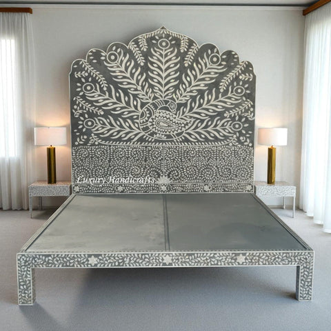 Peacock Mother of Pearl Inlay Bed Dark Grey