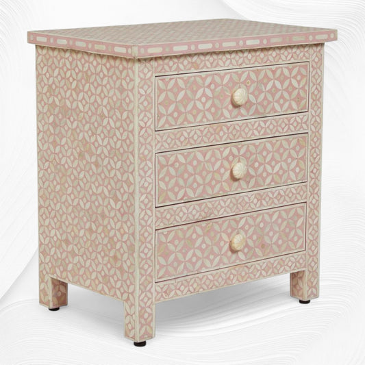 Pink Bone Inlay 3 Drawer Bedside Geometric