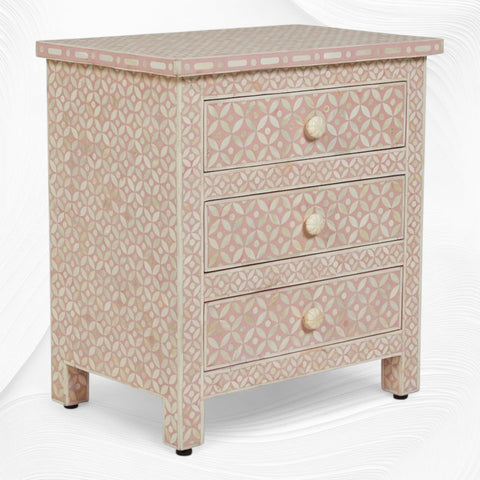 Pink Bone Inlay 3 Drawer Bedside Geometric